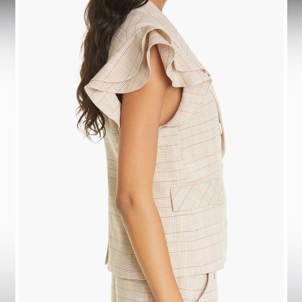 Veronica Beard Double Breasted Janae Khaki Plaid Flutter-Sleeve Vest NWT Size 12 - Picture 3 of 12